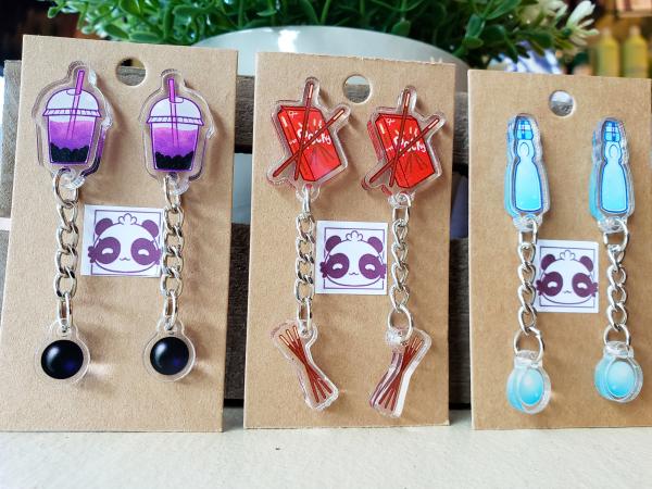 Tasty Snacks! Clear Acrylic Drop Earrings: Bubble Tea, Ramune, and Pocky picture