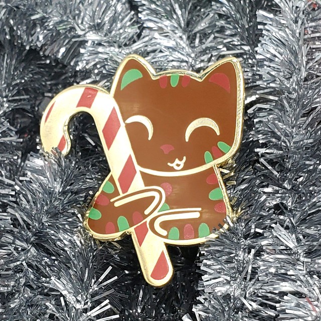 Gingerbread Cat & Candy Cane Enamel Pin picture