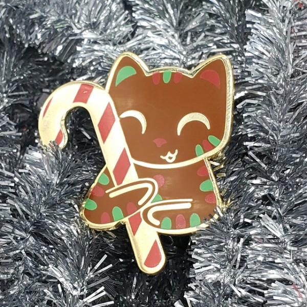 Gingerbread Cat & Candy Cane Enamel Pin picture