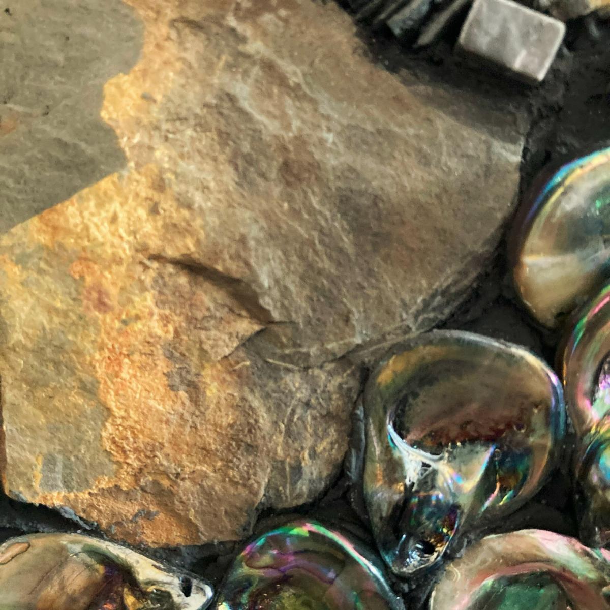 Slate, Shell and Metal Flower Mosaic Wall Panel picture