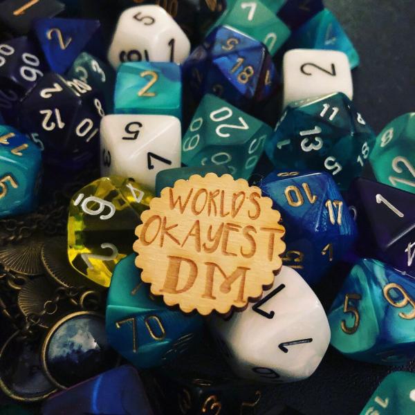 D&D Dungeon Master 'World's Okayest DM' Wooden Pin picture