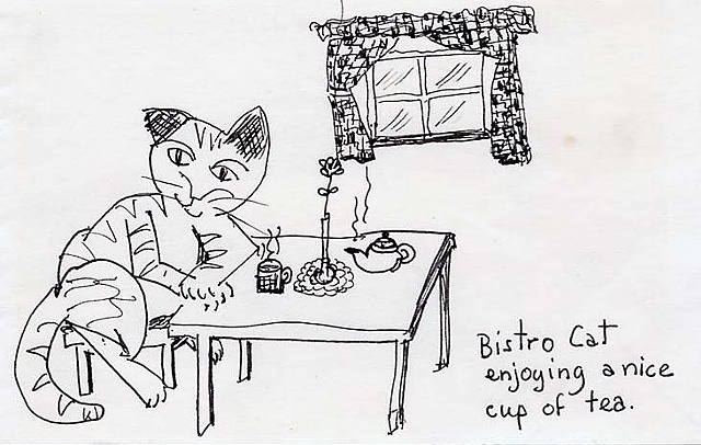 Bistro Cat Enjoying a Nice Cup of Tea