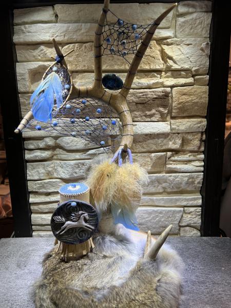 Dreamcatchers on Antler Stand, Ocean Jasper, Raku Spirit Horse, Rabbit Fur, Feathers, & Beadwork picture