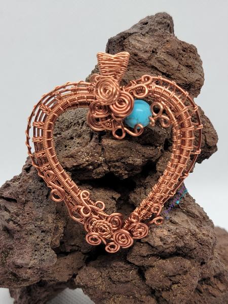 BARE COPPER AND ANTIQUE COPPER WOVEN HEART PENDANT WITH NATURAL TURQUOISE BEAD