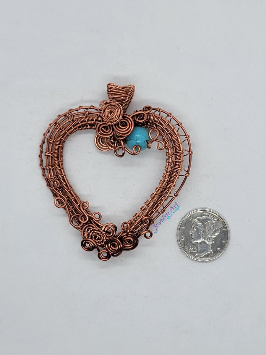 BARE COPPER AND ANTIQUE COPPER WOVEN HEART PENDANT WITH NATURAL TURQUOISE BEAD picture