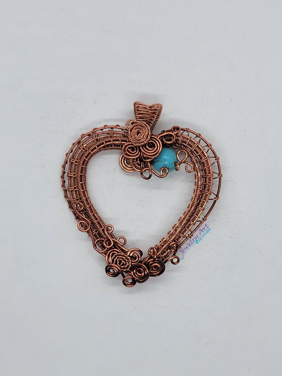 BARE COPPER AND ANTIQUE COPPER WOVEN HEART PENDANT WITH NATURAL TURQUOISE BEAD picture