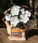 Music Sheet Hogwarts Hymn hand-cut paper flower arrangement, includes small quidditch broom, plus sweetshop vase (teapot)