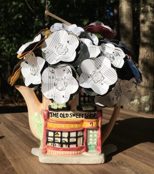 Music Sheet Hogwarts Hymn hand-cut paper flower arrangement, includes small quidditch broom, plus sweetshop vase (teapot) picture