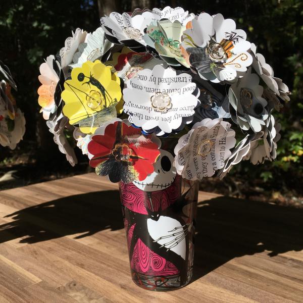 Nightmare before Christmas hand-cut paper flower arrangement in Jack vase