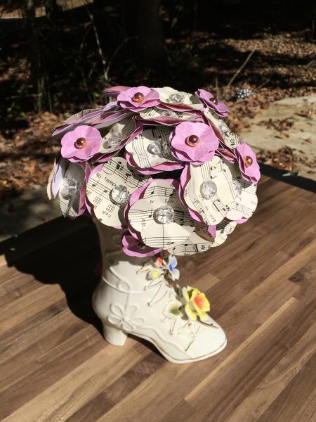 Music Sheet 'My Fair Lady" Wouldn't it be Loverly hand-cut paper flower arrangement in ceramic flower boot picture
