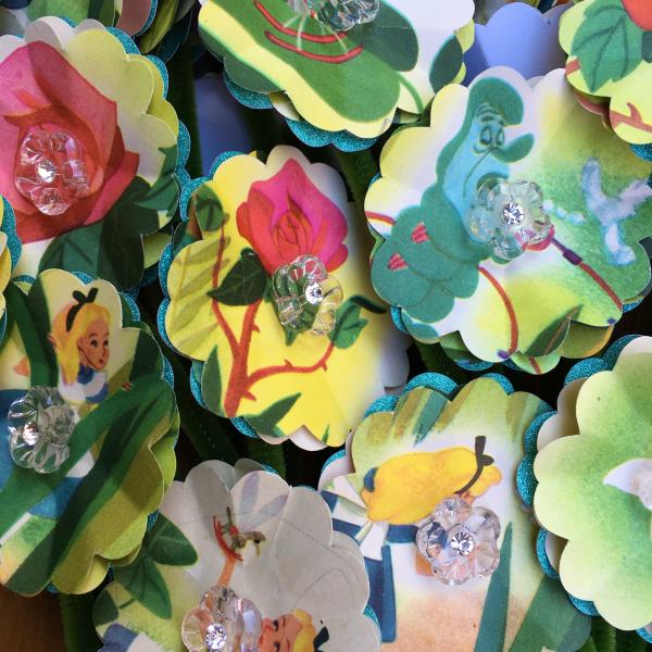 Alice in Wonderland finds the Garden of the Live Flowers hand-cut paper flower bouquet picture