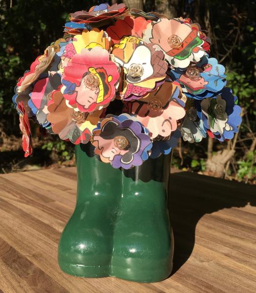 Charlie Browns Christmas hand-cut paper flower arrangement in boots vase picture