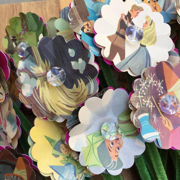 Sleeping Beauty and the Good Fairies hand-cut paper flower bouquet picture