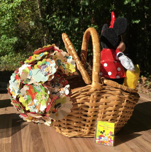 Mickey Mouse's picnic hand-cut paper flower arrangement in picnic basket, with small plush Minnie picture