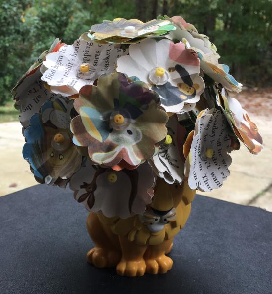 Scrawny Tawny Lion little golden book hand-cut paper flower arrangement in lion 'vase' picture