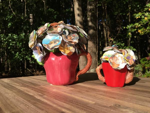 Snow White little golden book hand-cut paper flower arrangement in two apple teapots picture