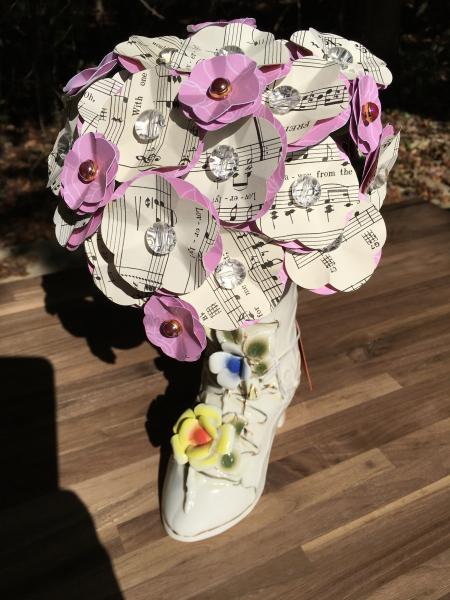 Music Sheet 'My Fair Lady" Wouldn't it be Loverly hand-cut paper flower arrangement in ceramic flower boot picture