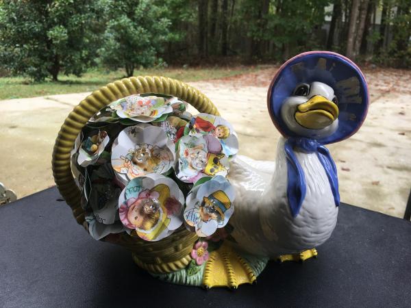 Eloise Wilson Mother Goose Little Golden Book hand-cut paper flower arrangement in Mother Goose Basket