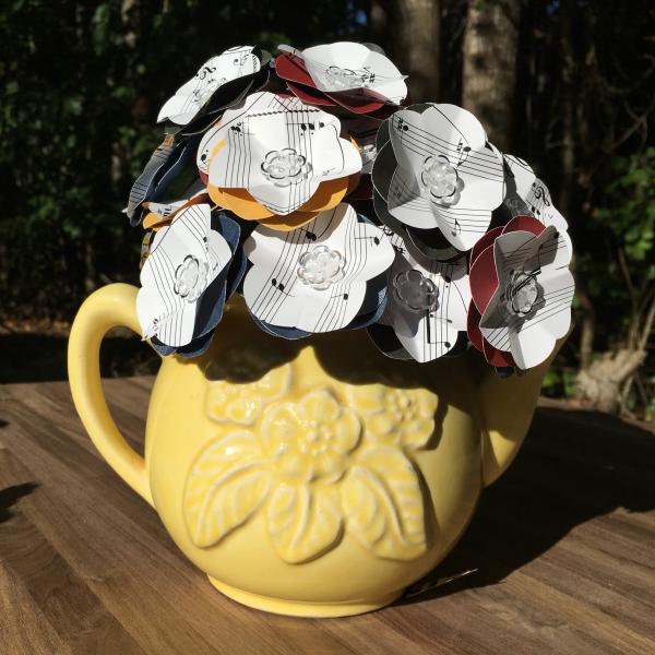 Music sheet Hedwig's theme hand-cut paper flower arrangement in Hufflepuff yellow teapot picture