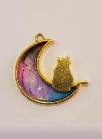 Galaxy Moon Cat Stained Glass Resin Pendant