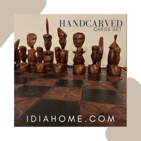 Handcarved African Teak & Ebony Tribal Chess Set