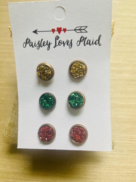 Mini Druzy Earrings 3 Pair Set 8mm Holiday Colors picture