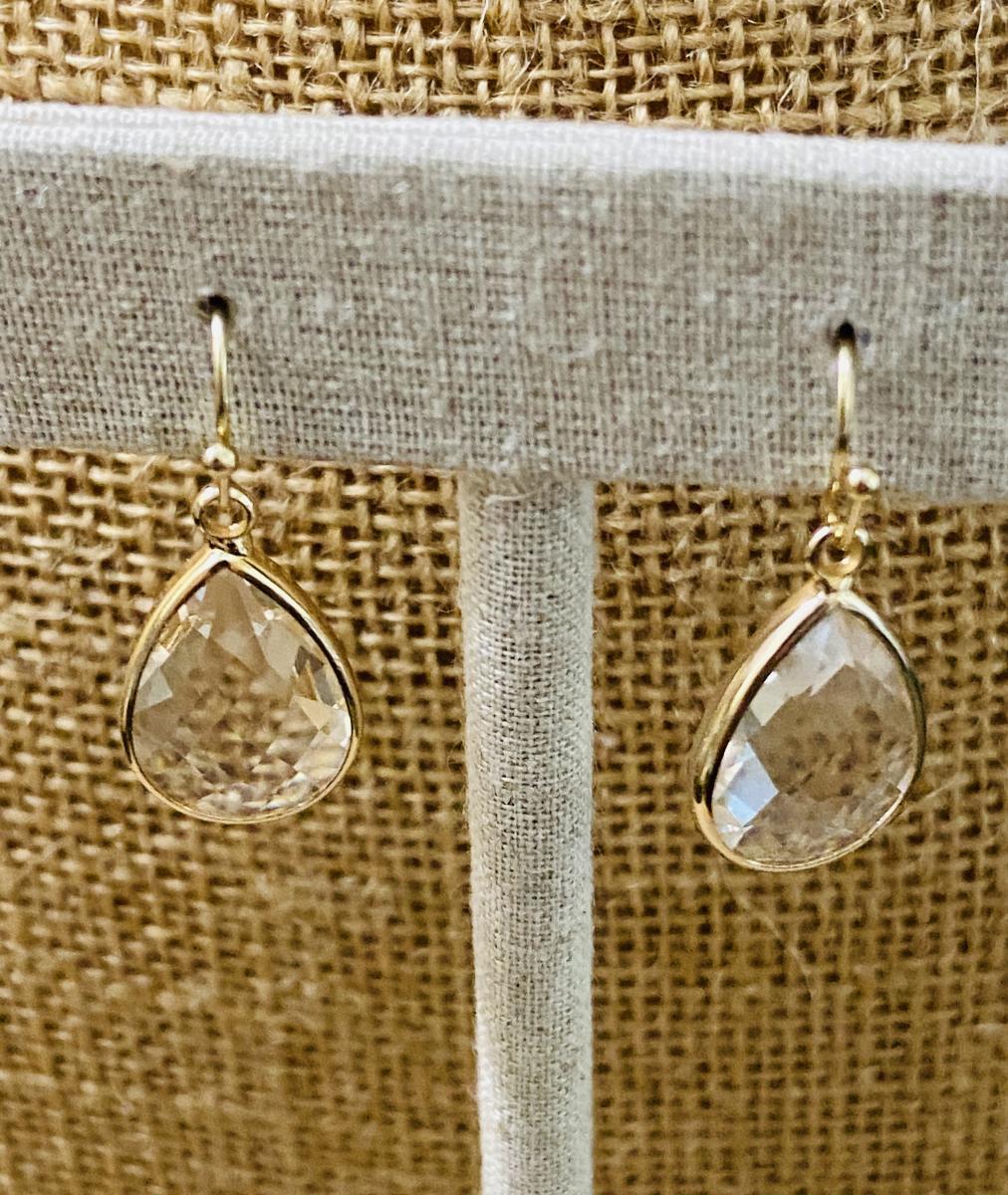 Clear Color Glass Faceted Tear Drop Style Earrings 1” picture