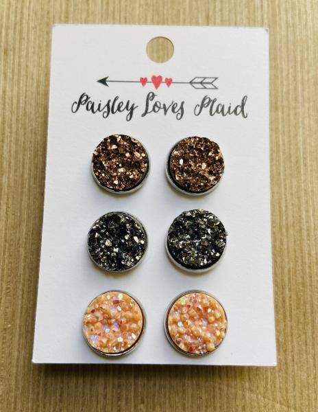 Druzy Set of 3 Pairs 12mm Earrings Silver Setting picture