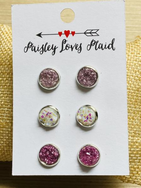 Mini Druzy Earrings 3 Pair Set Lavender & White picture