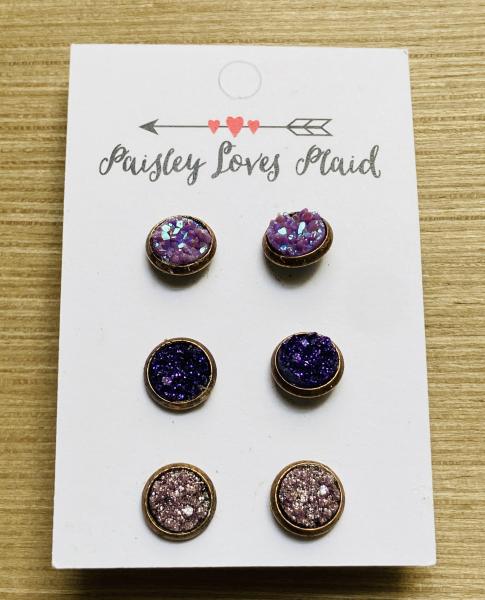 Mini Druzy 3 Pair Earring Set 8mm Purple Tones picture