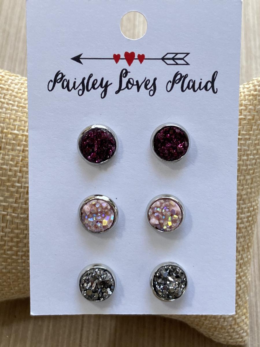 Mini Druzy Earrings 3 Pair Set 8mm Holiday Sparkle picture