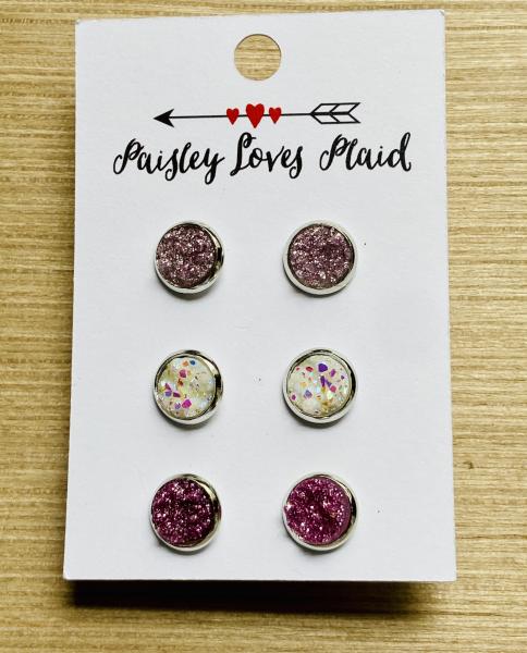 Mini Druzy Earrings 3 Pair Set Lavender & White