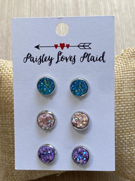 Mini Druzy Earrings 3 Pair Set 8mm Pastel Colors picture