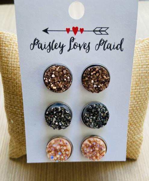 Druzy Set of 3 Pairs 12mm Earrings Silver Setting picture