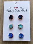 Mini Druzy Earrings 3 Pair Set 8mm Rose Gold Setting Blues