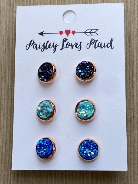 Mini Druzy Earrings 3 Pair Set 8mm Rose Gold Setting Blues picture