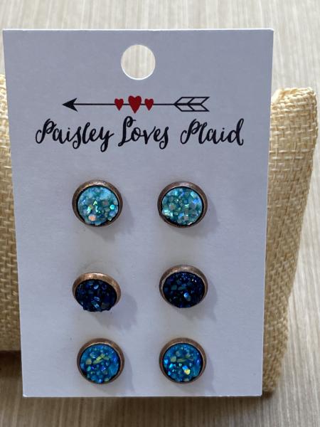 Mini Druzy 3 Pairs of Earrings 8mm Blue Tones picture