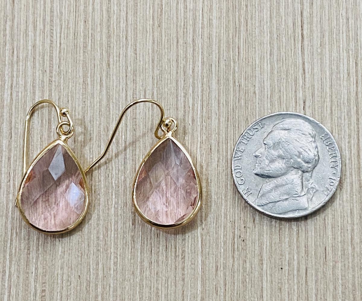 Soft Pink Glass Faceted Teardrop Dangle Earrings 1” picture