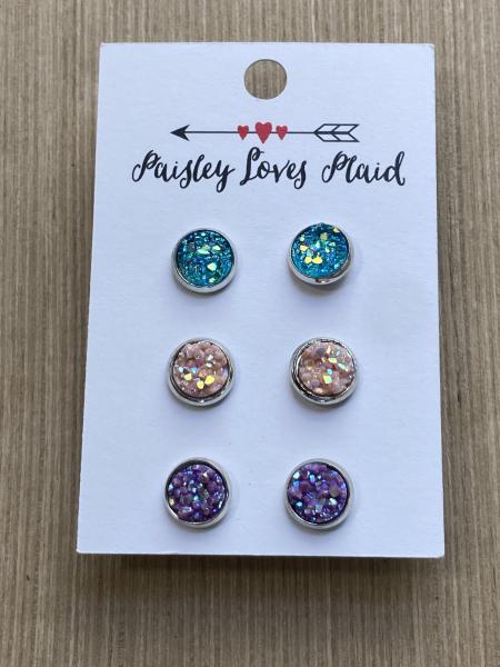 Mini Druzy Earrings 3 Pair Set 8mm Pastel Colors picture