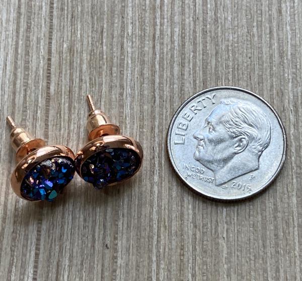 Mini Druzy Earrings 3 Pair Set 8mm Rose Gold Setting Blues picture