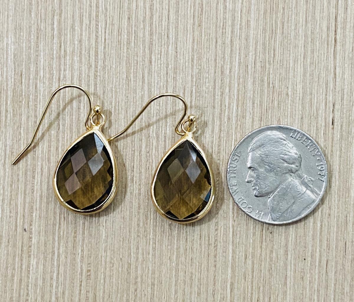Cocoa Color Glass Faceted Teardrop Style Earrings 1” picture