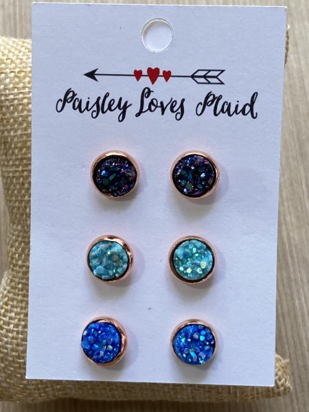 Mini Druzy Earrings 3 Pair Set 8mm Rose Gold Setting Blues picture