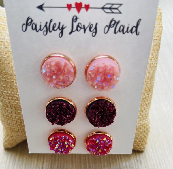 Druzy Earring Set 3 Pairs 12mm Posts Pinks picture