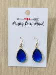 Blue Glass Faceted Teardrop Style Earrings 1”