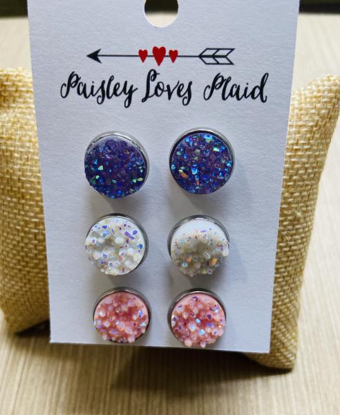 Druzy Set of 3 Pairs 12mm Sparkly Posts