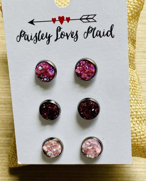 Mini Druzy Earrings 3 Pair Set 8mm Pinks picture