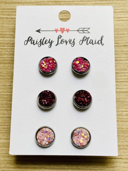 Mini Druzy Earrings 3 Pair Set 8mm Pinks picture