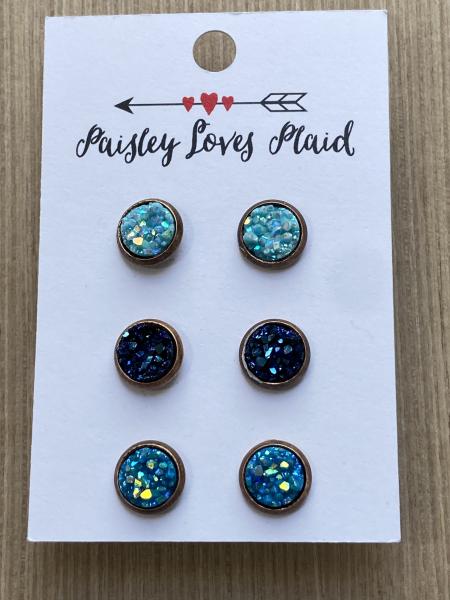 Mini Druzy 3 Pairs of Earrings 8mm Blue Tones picture