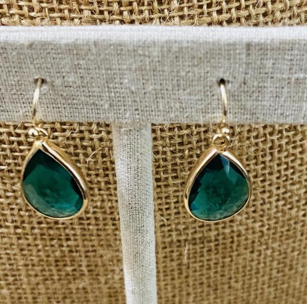 Green Glass Faceted Teardrop Dangle Style Earrings 1” picture