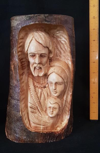 Large Detailed Holy Family Faces, Hand Carved Into A Tree Branch